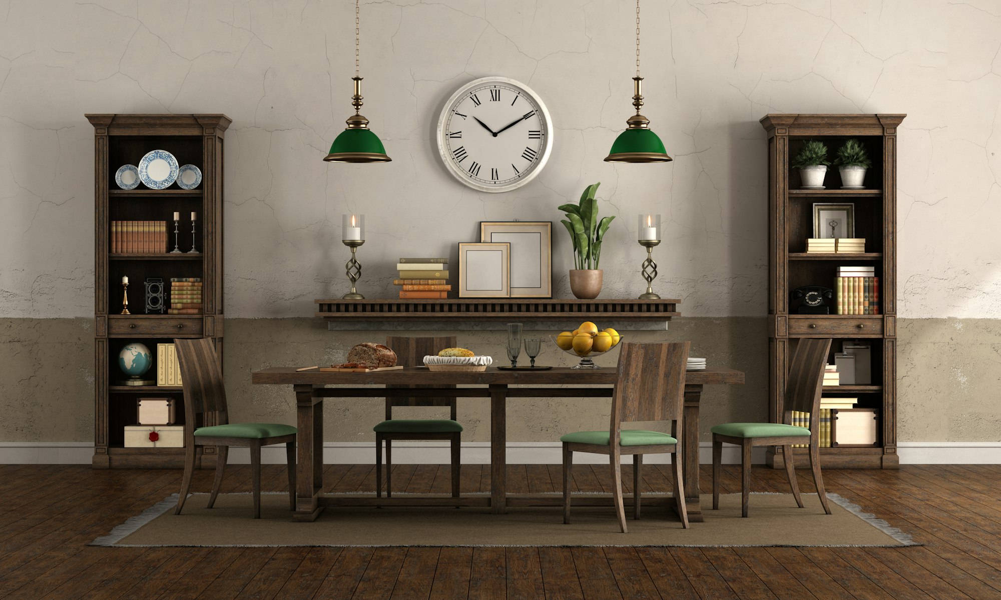 Dining room in rusic style with wooden furniture